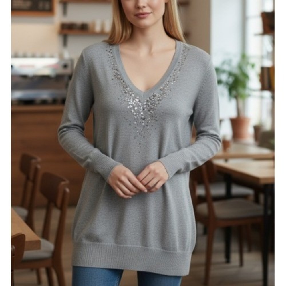 Eileen Fisher Cotton Cashmere Tunic Sweater Sequin Gray Minimalist Capsule Large